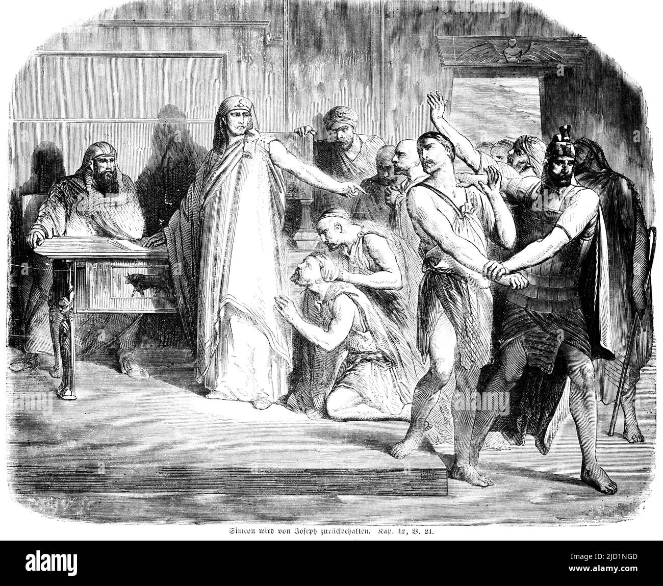 Simeon est retenu par Joseph, arrière, retenue, beaucoup de gens, table, Parler, salle, guerrier, Bible, ancien Testament, Premier Livre de Moïse, Chapitre 42 Banque D'Images