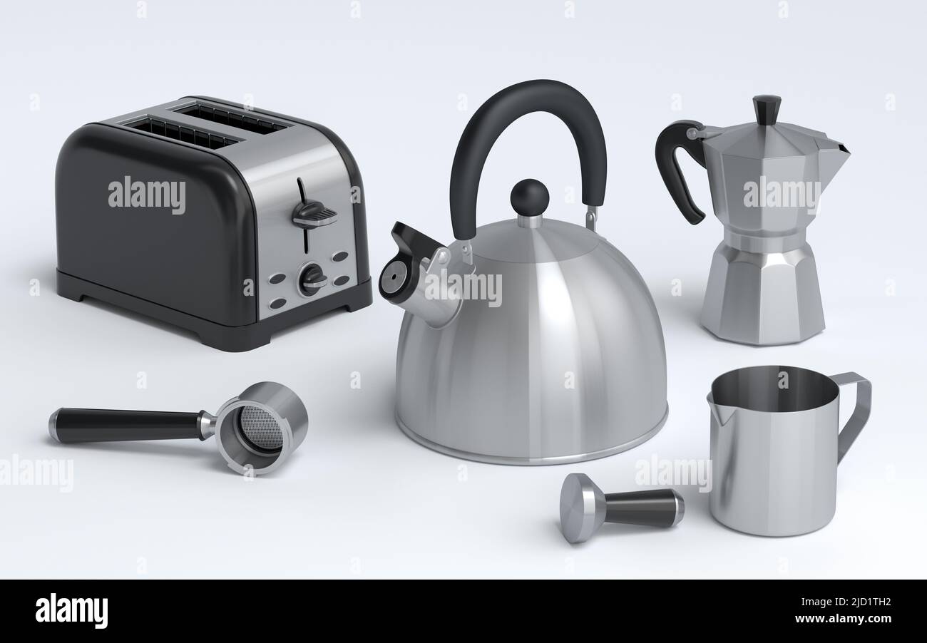 Bouilloire, grille-pain, machine à café à corne et geyser machine à café sur fond blanc. 3d appareils de cuisine de rendu faisant le petit déjeuner avec le café latte Banque D'Images