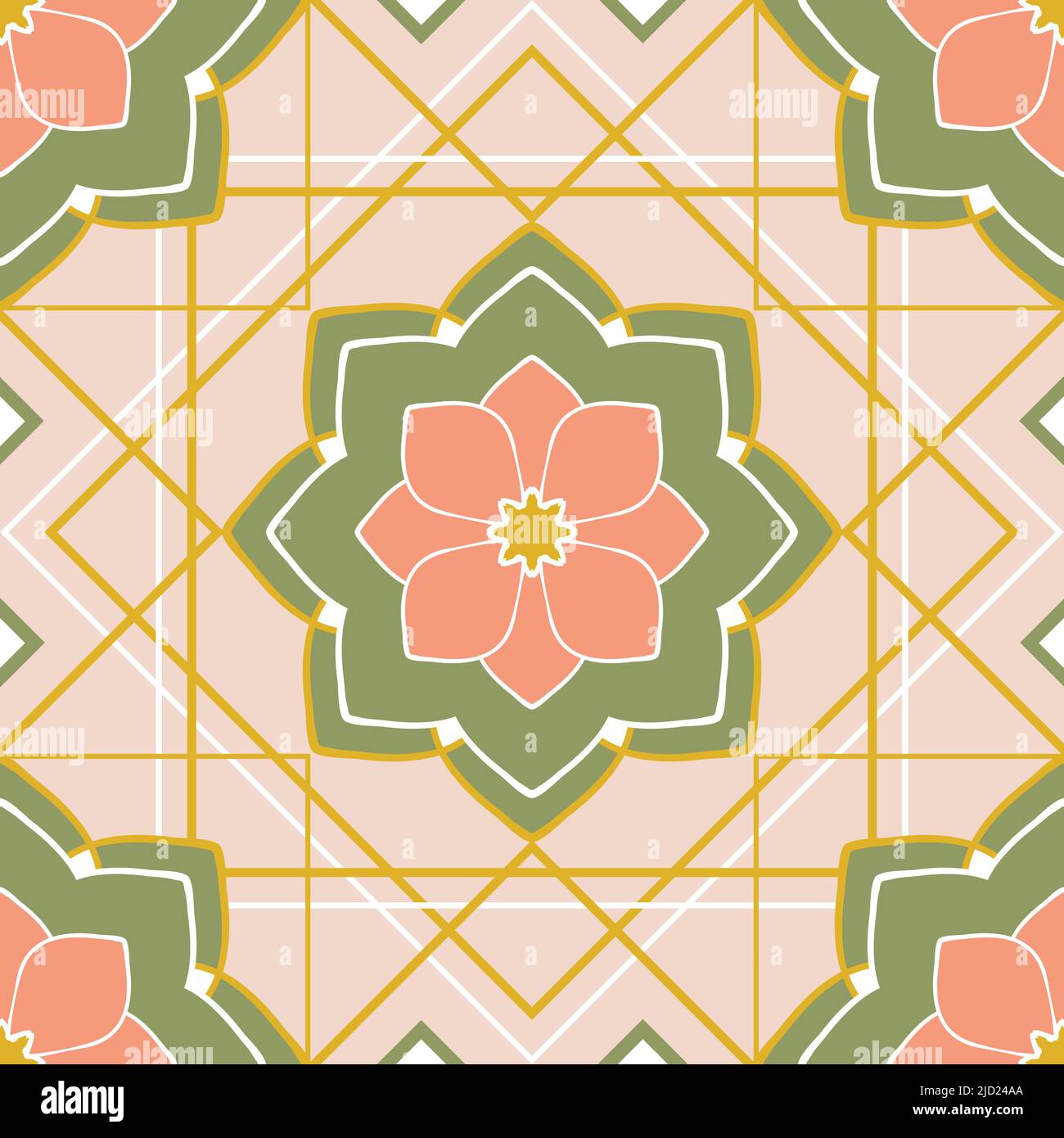 Motif vectoriel sans couture avec carreaux muraux géométriques fleuris sur fond rose. Décoration simple, papier peint. Textile de mode carré décoratif. Illustration de Vecteur