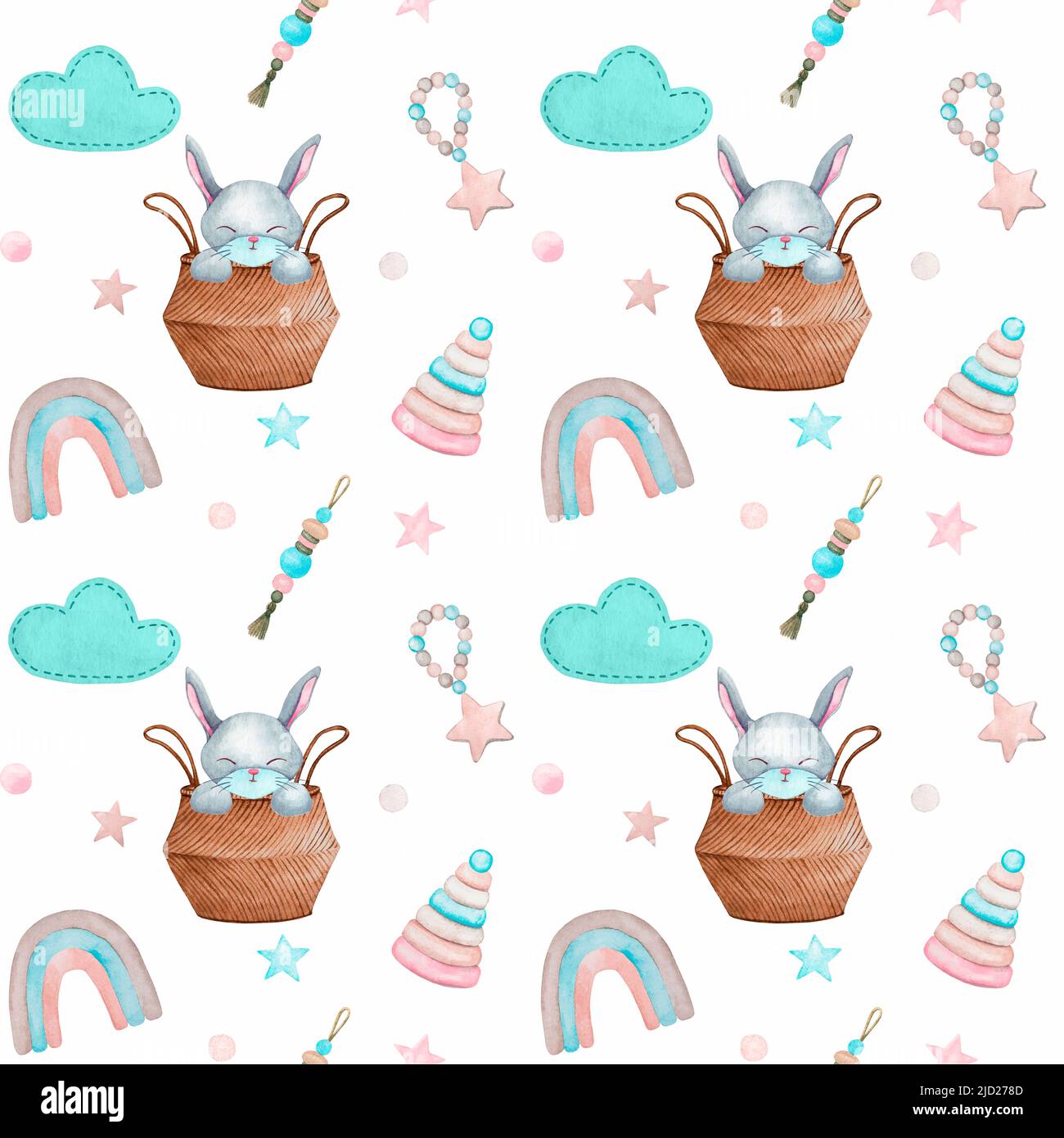 Motif sans couture dans le style bohémien pour enfants. Aquarelle de jolis lapins dans un panier, des arcs-en-ciel et des jouets. Design pour papier peint, tissu, textile, imprimé. Banque D'Images