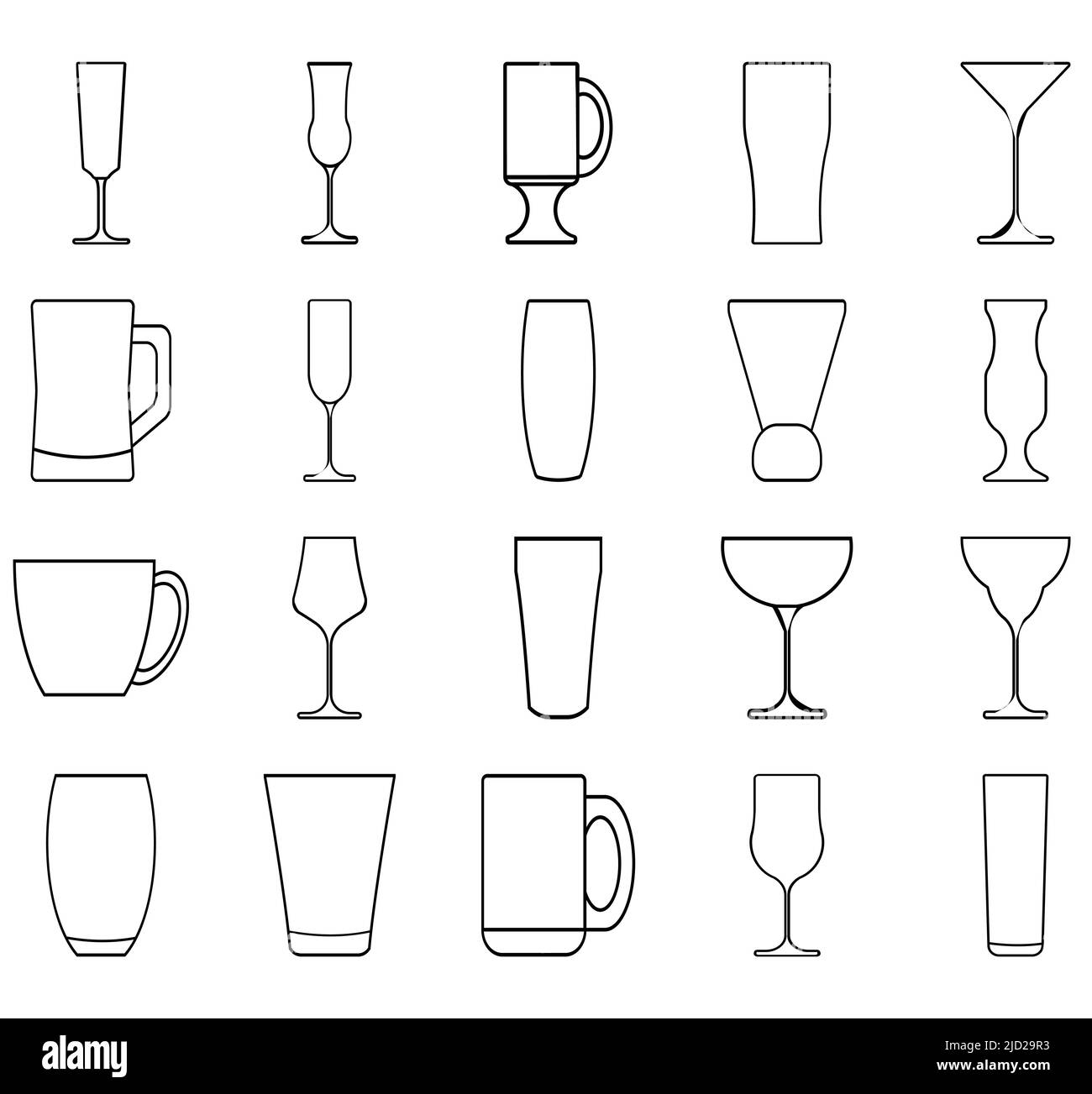 Jeu d'icônes de lignes de verre. Type de verrerie pour boissons : tasse à bière, whisky, verre à vin, théière illustration vectorielle minimale. Illustration de Vecteur