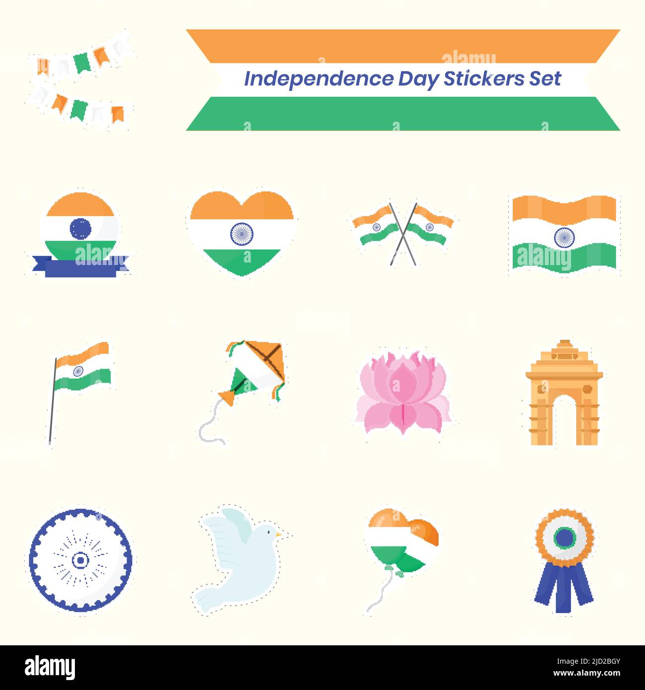 Ensemble d'autocollants pour la fête nationale de l'indépendance indienne. Illustration de Vecteur