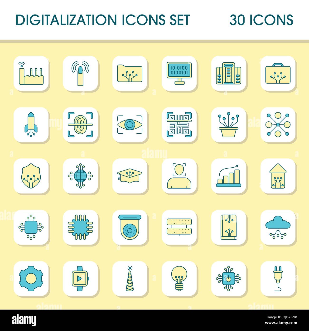 Icône carrée de numérisation turquoise et jaune définie dans un style plat. Illustration de Vecteur