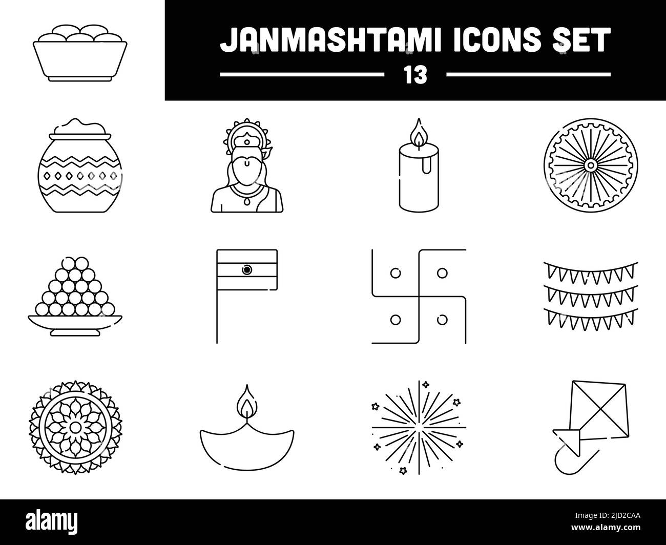 Ensemble d'icônes pour la célébration d'anniversaire de Lord Krishna 13 de style linéaire noir. Illustration de Vecteur