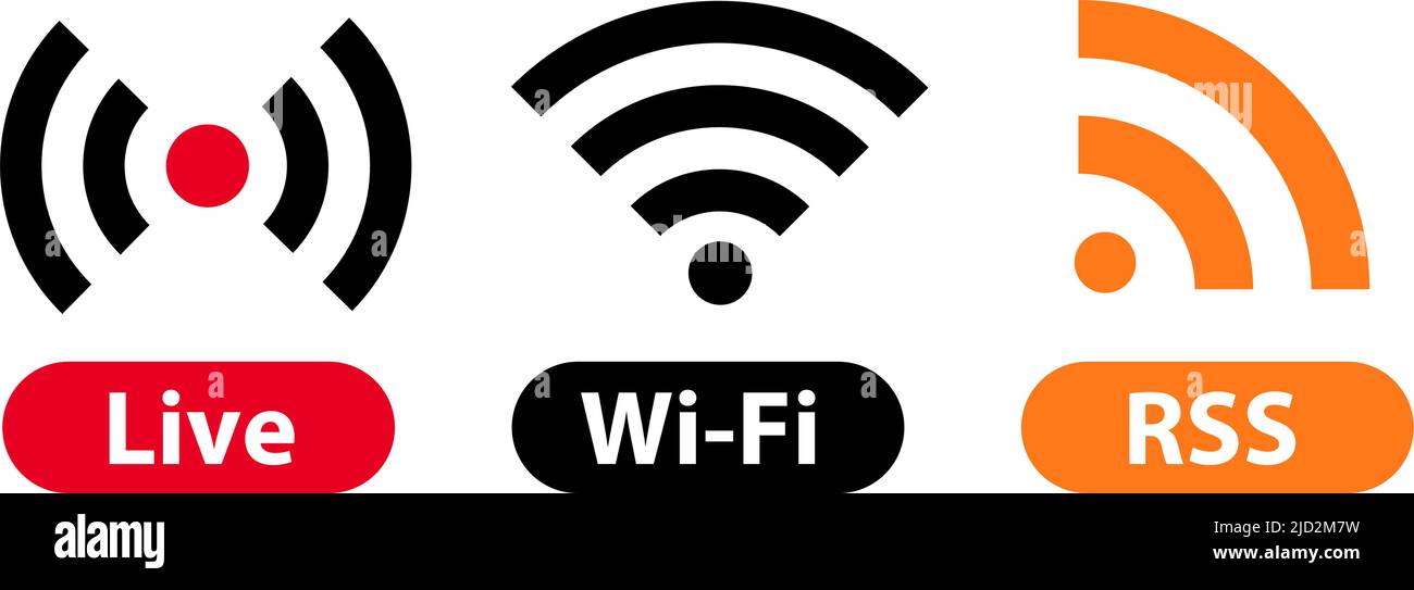Icône définie pour Live, Wi-Fi et RSS. Vecteur modifiable. Illustration de Vecteur