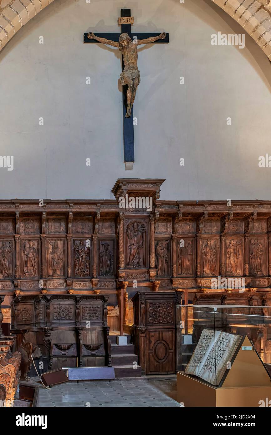 Stands de chœur du 16th siècle, exposition permanente à l'intérieur de la cathédrale basilique de Santa María de Tortosa, Tarragone, Catalogne, Espagne, Europe Banque D'Images