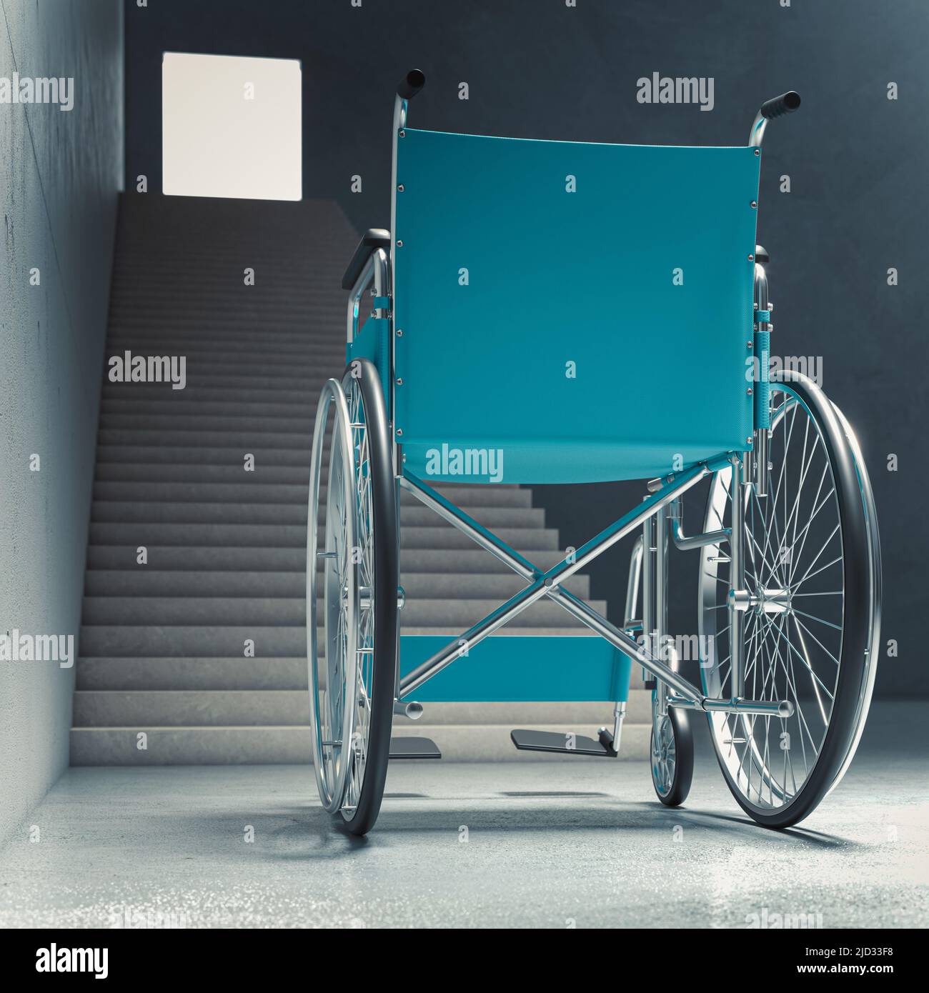 fauteuil roulant pour personnes handicapées devant un long escalier. 3d rendu Banque D'Images