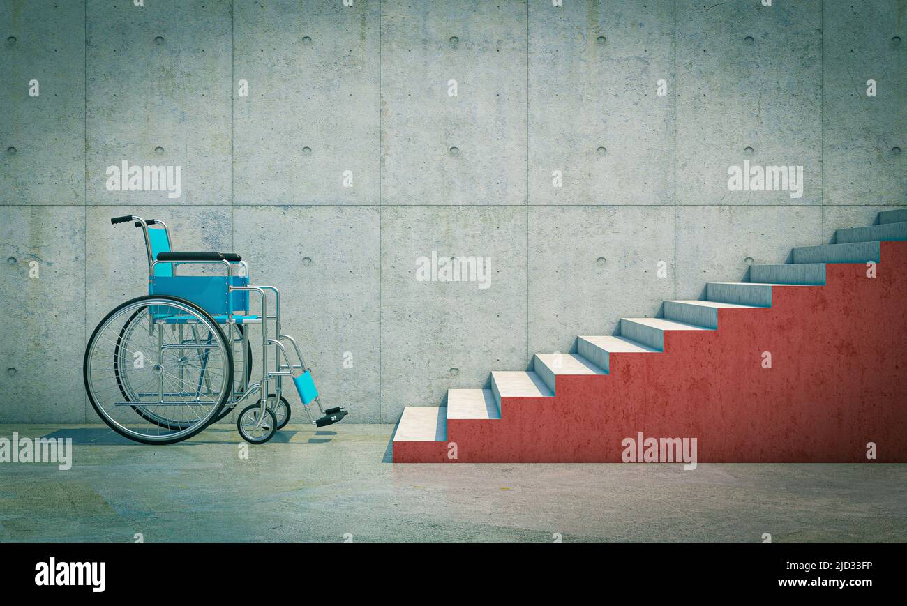 fauteuil roulant pour personnes handicapées devant un long escalier rouge. 3d rendu Banque D'Images