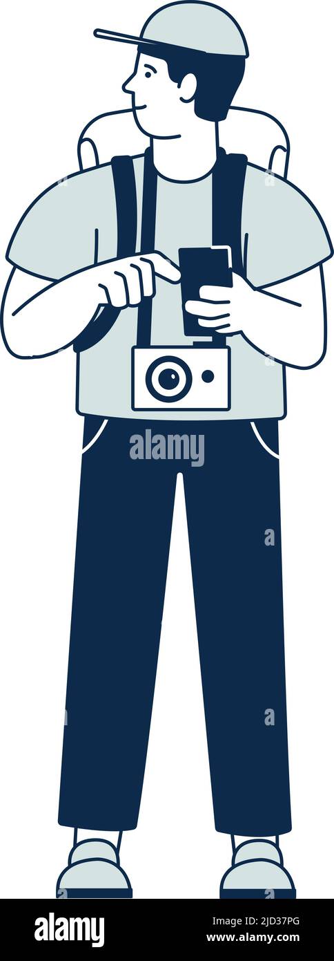 Homme de tourisme avec appareil photo et sac à dos debout Illustration de Vecteur