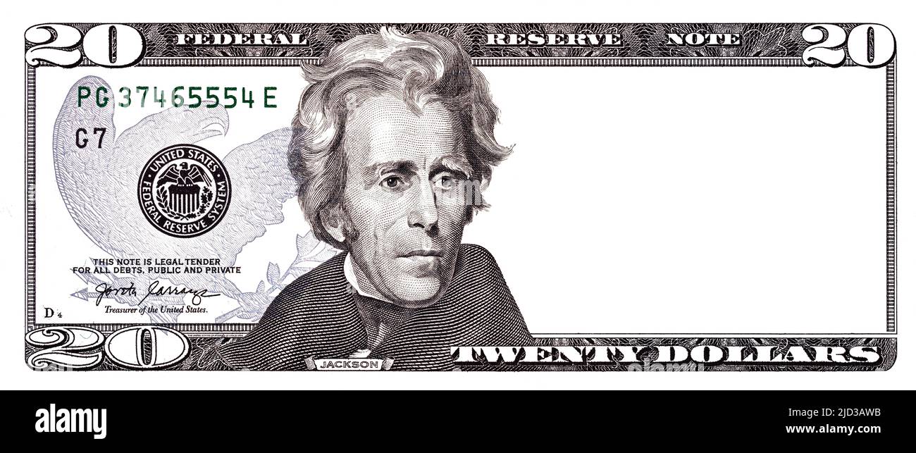 Gros plan d'un billet de 20 dollars avec une zone intermédiaire vide à des fins de conception Banque D'Images