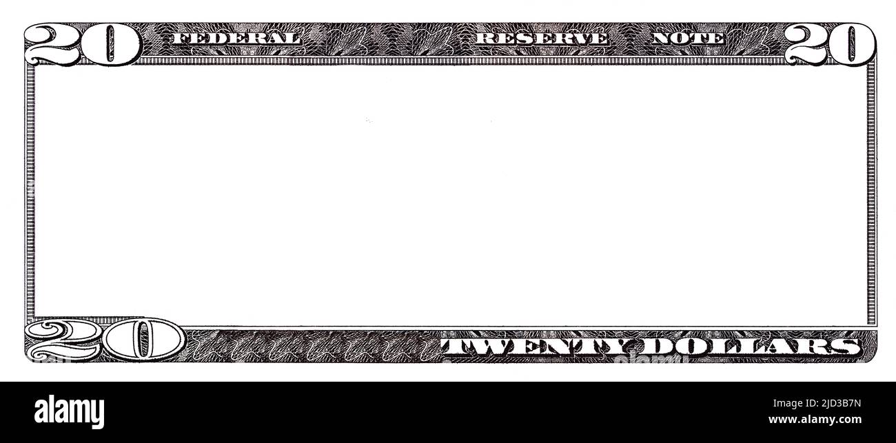 Gros plan d'un billet de 20 dollars avec une zone intermédiaire vide à des fins de conception Banque D'Images