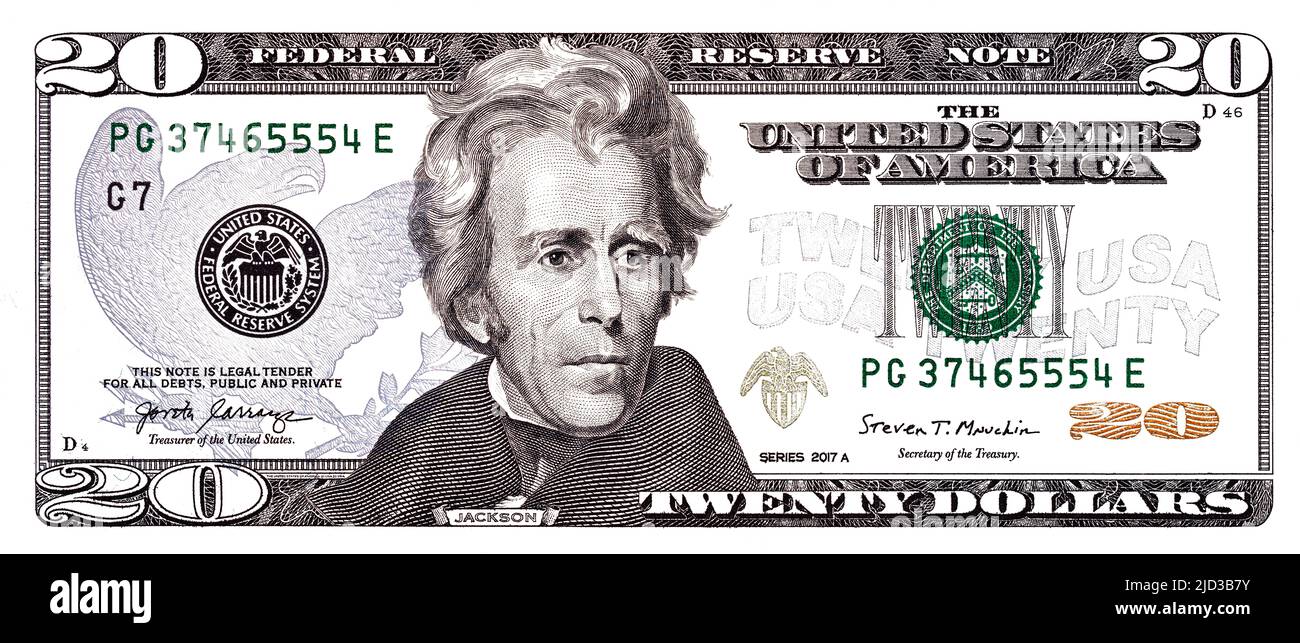 Gros plan de la face avant d'un billet de 20 dollars pour la conception objectif Banque D'Images