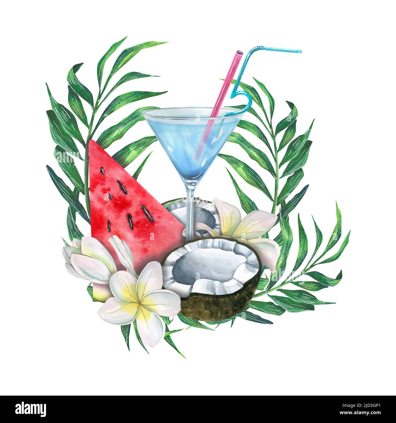 Cocktail de plage avec une tranche de pastèque, des moitiés de noix de coco, des fleurs de plumeria et des feuilles de palmier. Illustration aquarelle. Pour la conception et la décoration de Banque D'Images