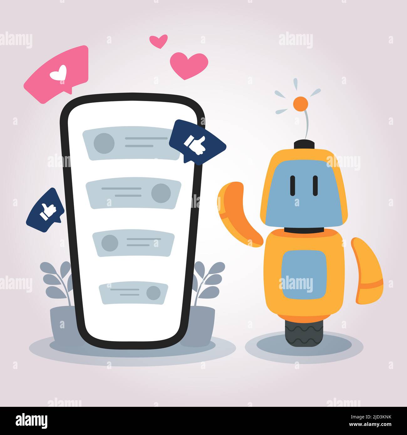 Illustration du concept de téléphone avec assistant robot et chat. Conversation dans les médias sociaux, l'article numérique et la publicité Illustration de Vecteur
