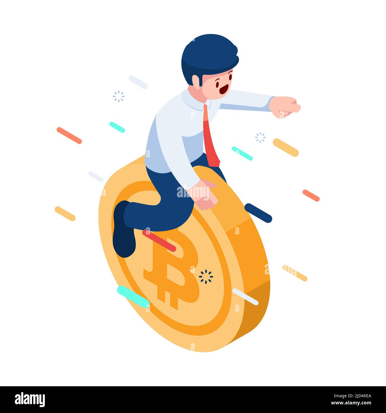Appartement 3D Isométrique homme d'affaires équitation Flying Bitcoin. Concept Bitcoin et crypto-monnaie. Illustration de Vecteur