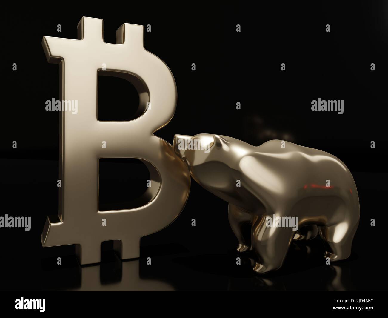 3d rendu du symbole bitcoin et de l'ours sur fond sombre. Concept de marché baissier Bitcoin. Banque D'Images