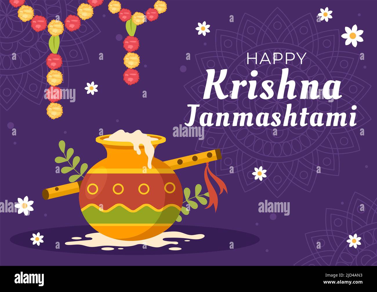 Bonne Krishna Janmashtami festival de l'Inde avec Bansuri et Flute, Dahi Handi et Peacock Feather dans plat mignon dessin de fond de dessin animé Illustration de Vecteur