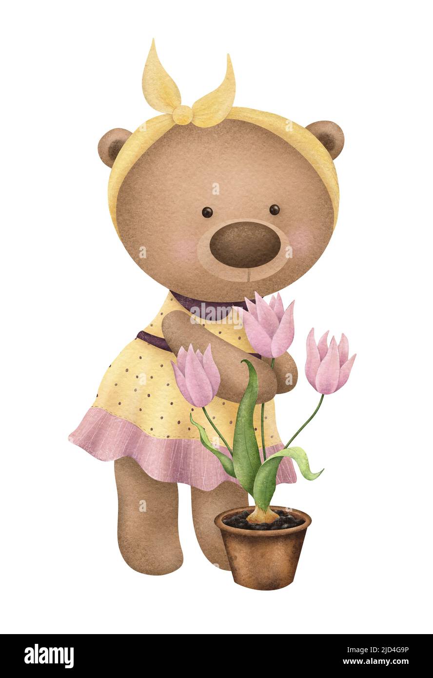 Adorable ours en peluche avec tulipes, ours fille dans une robe illustration parfaite pour bébé douche invitation, carte de voeux Banque D'Images
