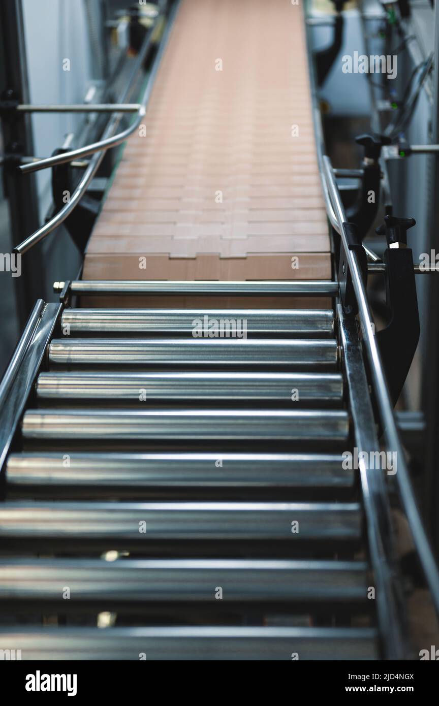 Vider le tapis transporteur avec des rouleaux métalliques dans l'atelier Banque D'Images