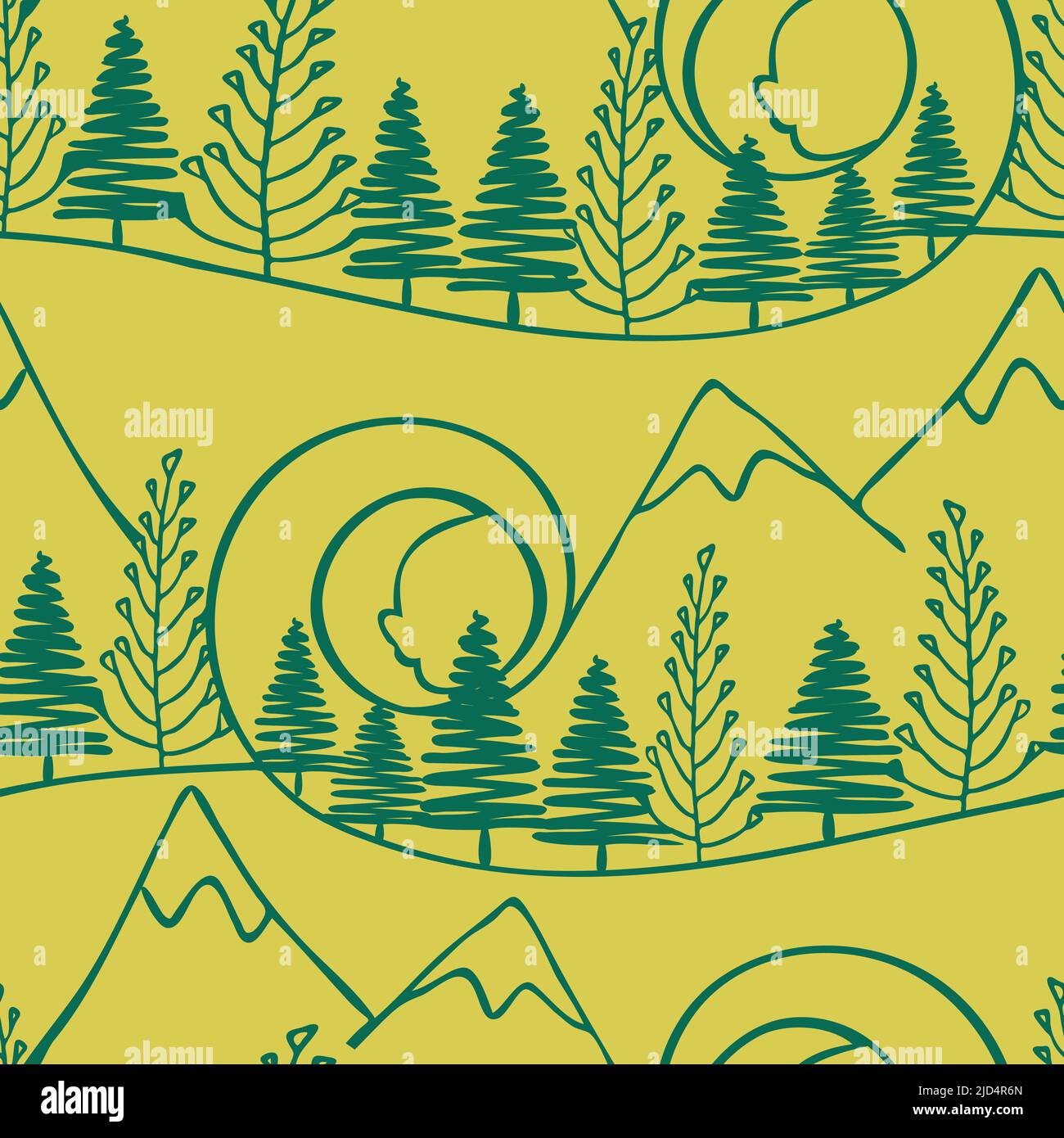 Motif vectoriel transparent avec dessin au trait de forêt sur fond jaune. Papier peint de paysage artistique. Textile de mode simple de silhouette de montagne. Illustration de Vecteur