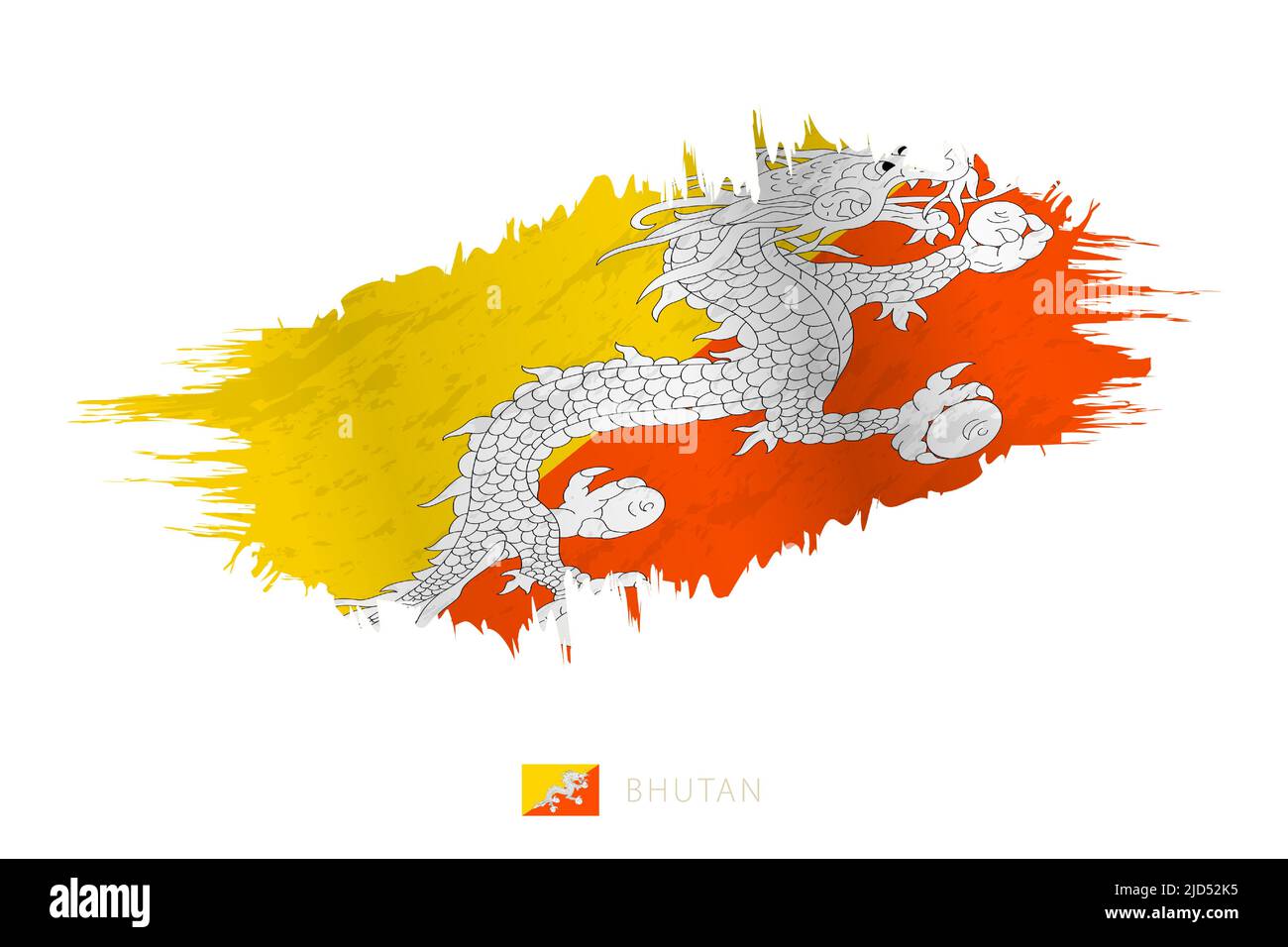 Drapeau de coup de pinceau peint du Bhoutan avec effet de tissage. Indicateur vectoriel. Illustration de Vecteur