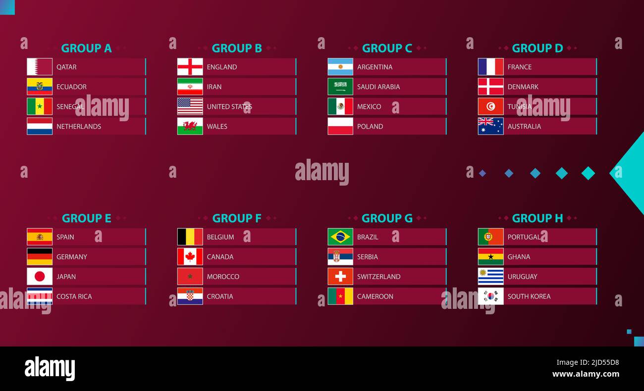 Drapeaux du tournoi de football 2022 triés par groupe sur fond bordeaux. Collecte des drapeaux. Illustration de Vecteur