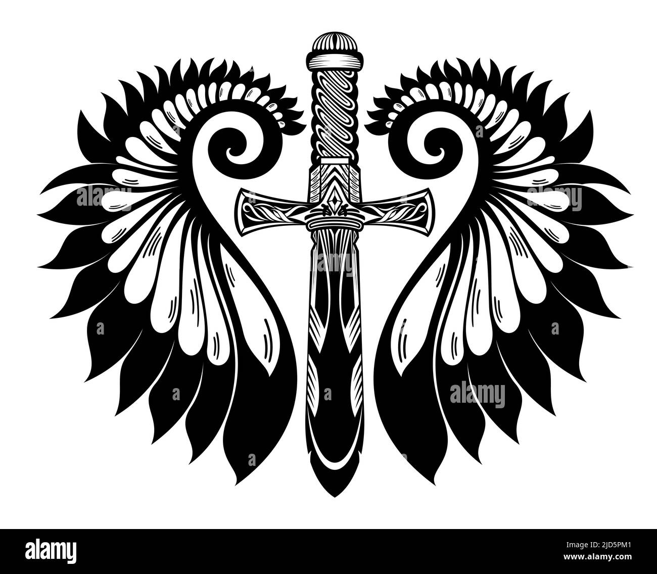 Épée avec ailes. Symbole d'épée de tatouage sur fond noir Illustration de Vecteur