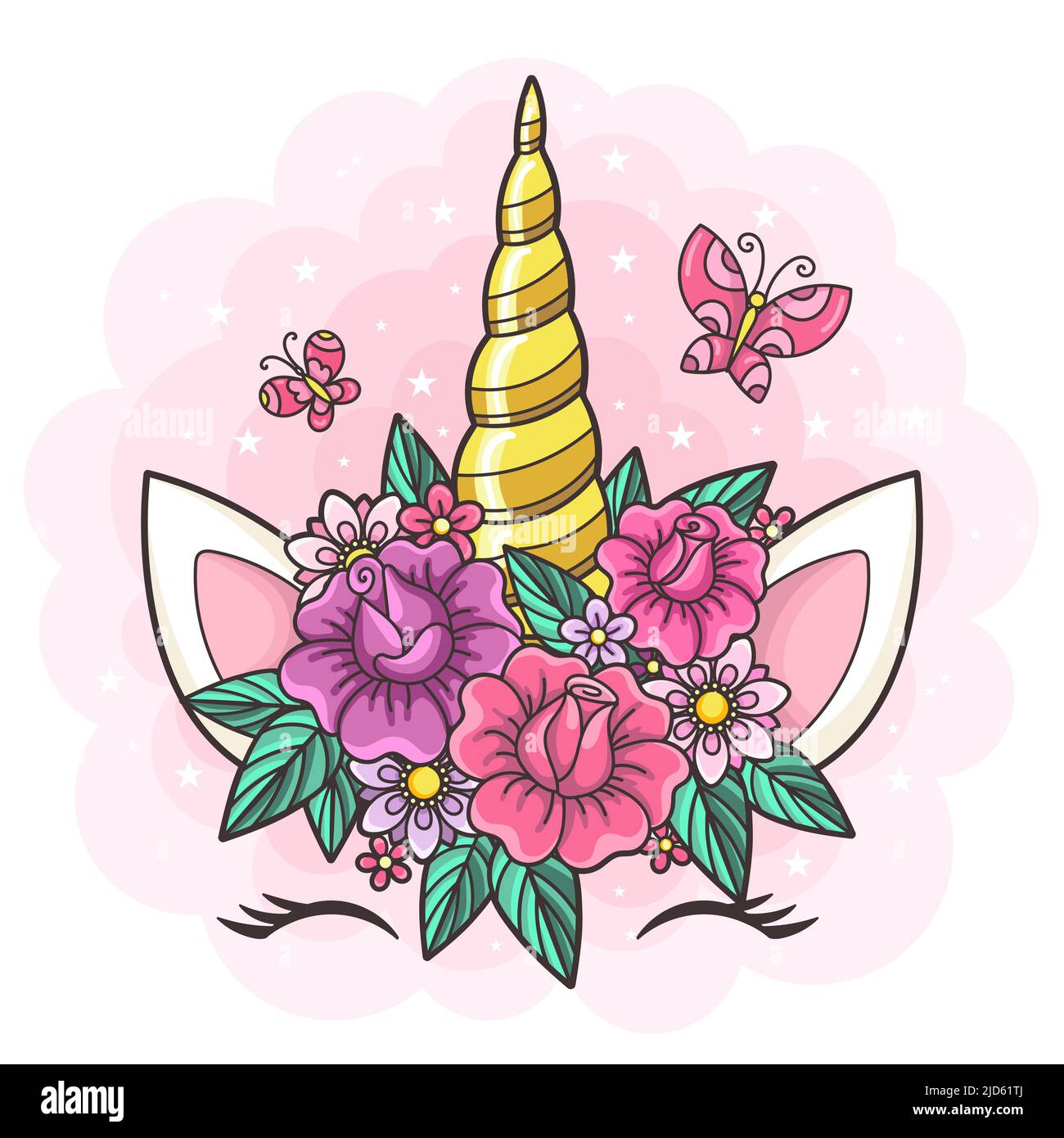 Magnifique corne de licorne dorée avec fleurs. Illustration vectorielle. Illustration de Vecteur