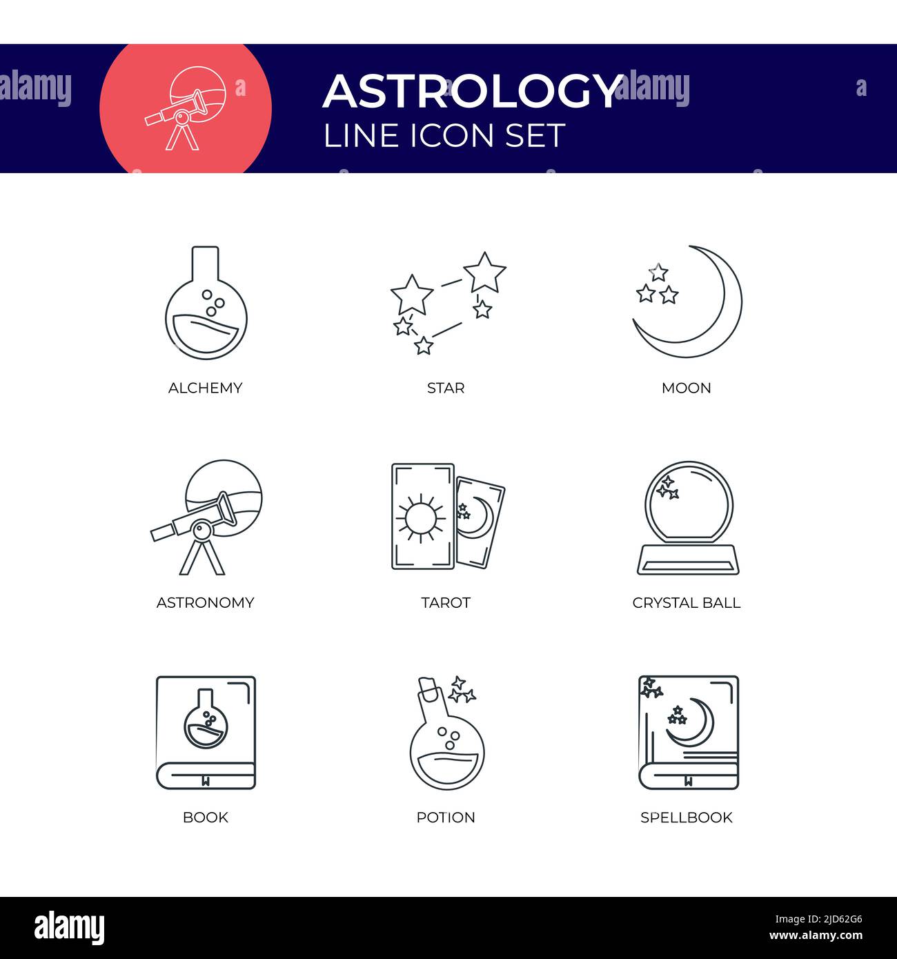 Jeu d'icônes de ligne plate de contour personnalisable en astrologie Illustration de Vecteur