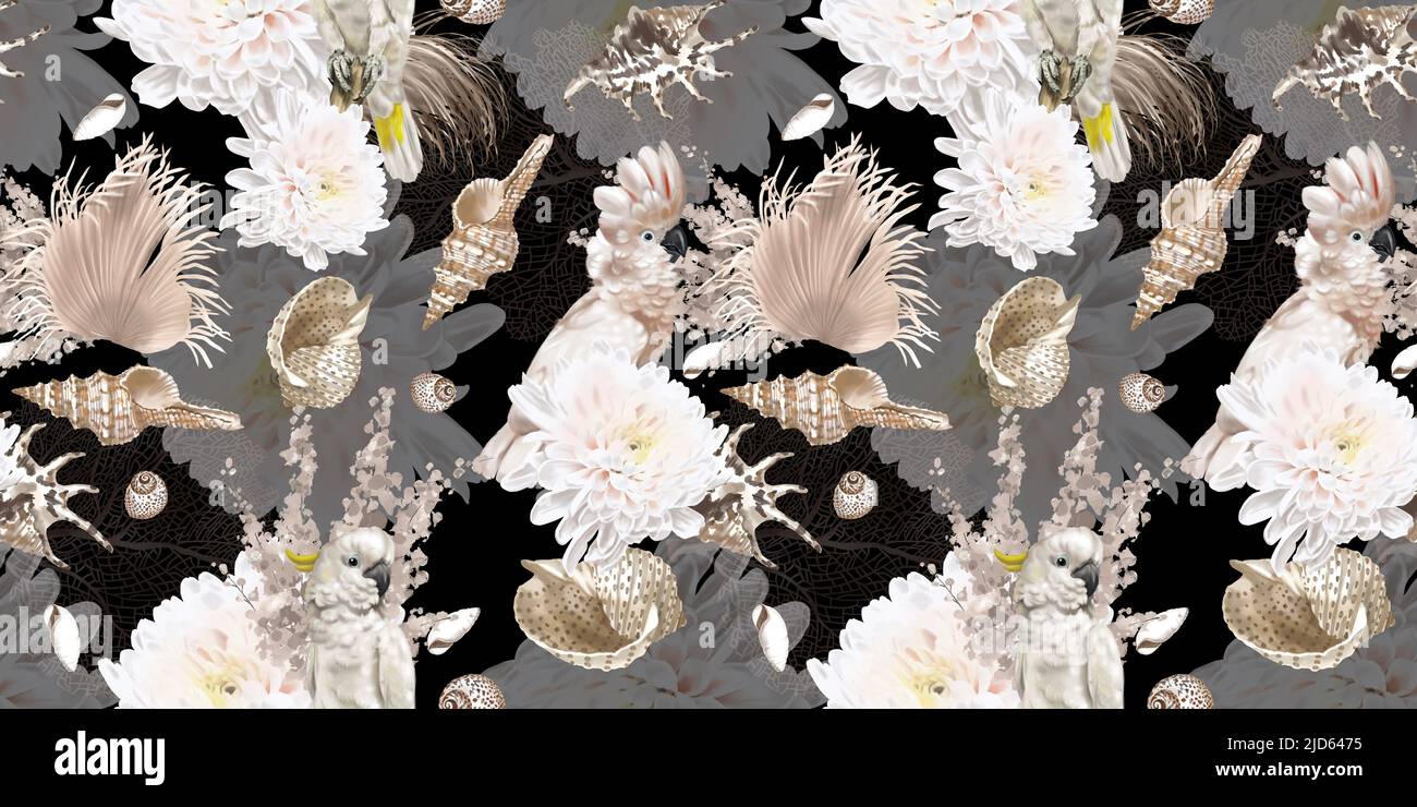 aquarelle motif boho sans couture. perroquets, fleurs et coquillages. motif beige Banque D'Images
