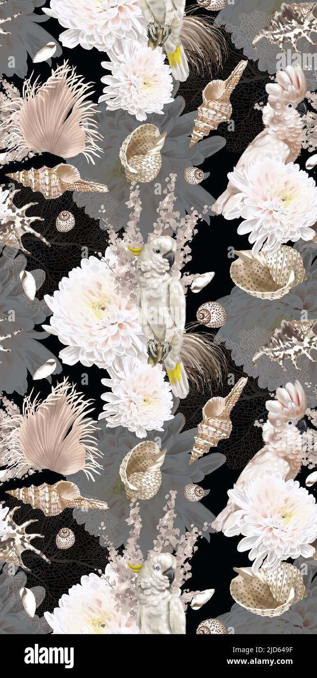 aquarelle motif boho sans couture. perroquets, fleurs et coquillages. motif beige Banque D'Images