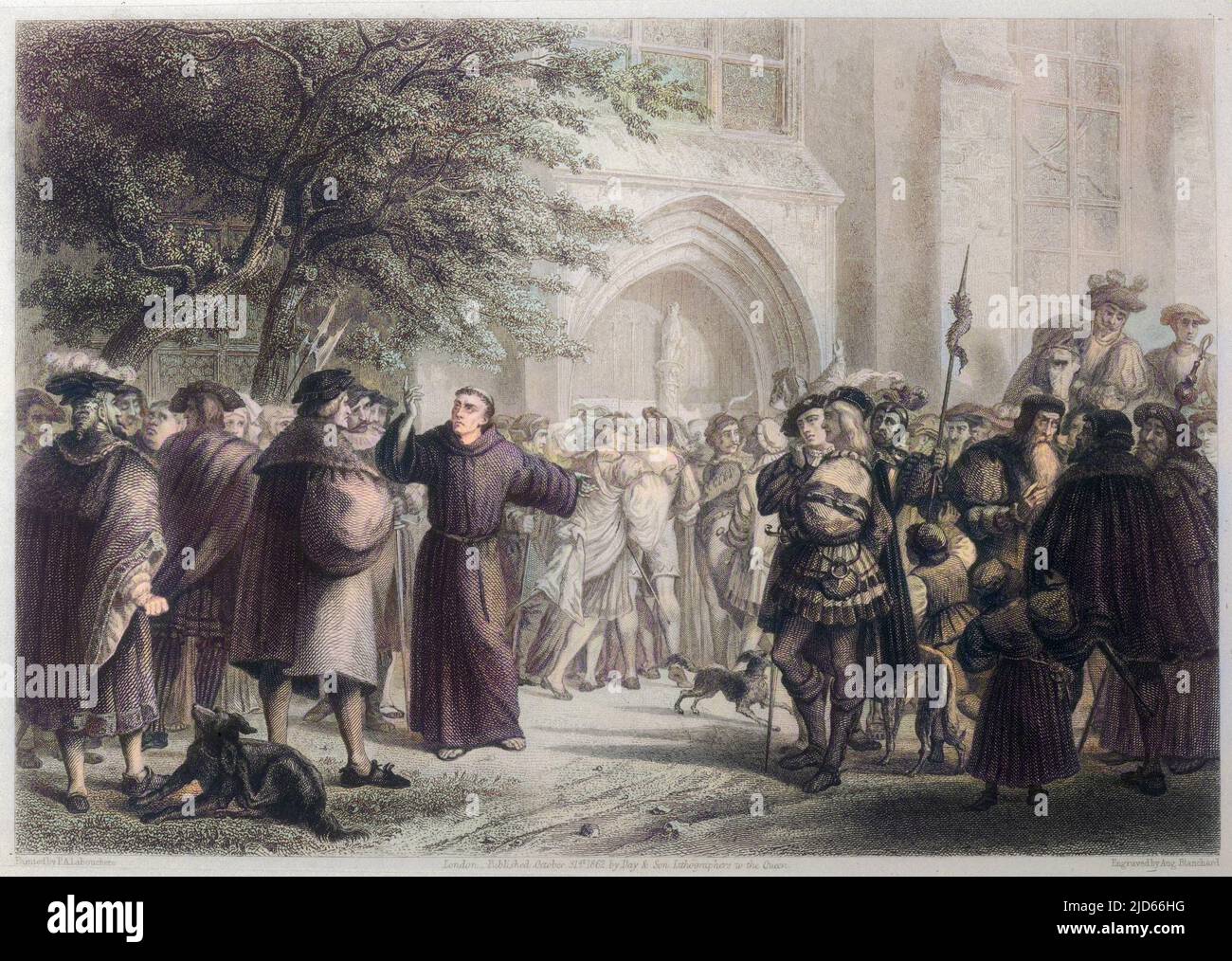 Luther fait remonter ses 95 thèses à Wittenberg version colorisée de : 10008730 Date: 1517 Banque D'Images