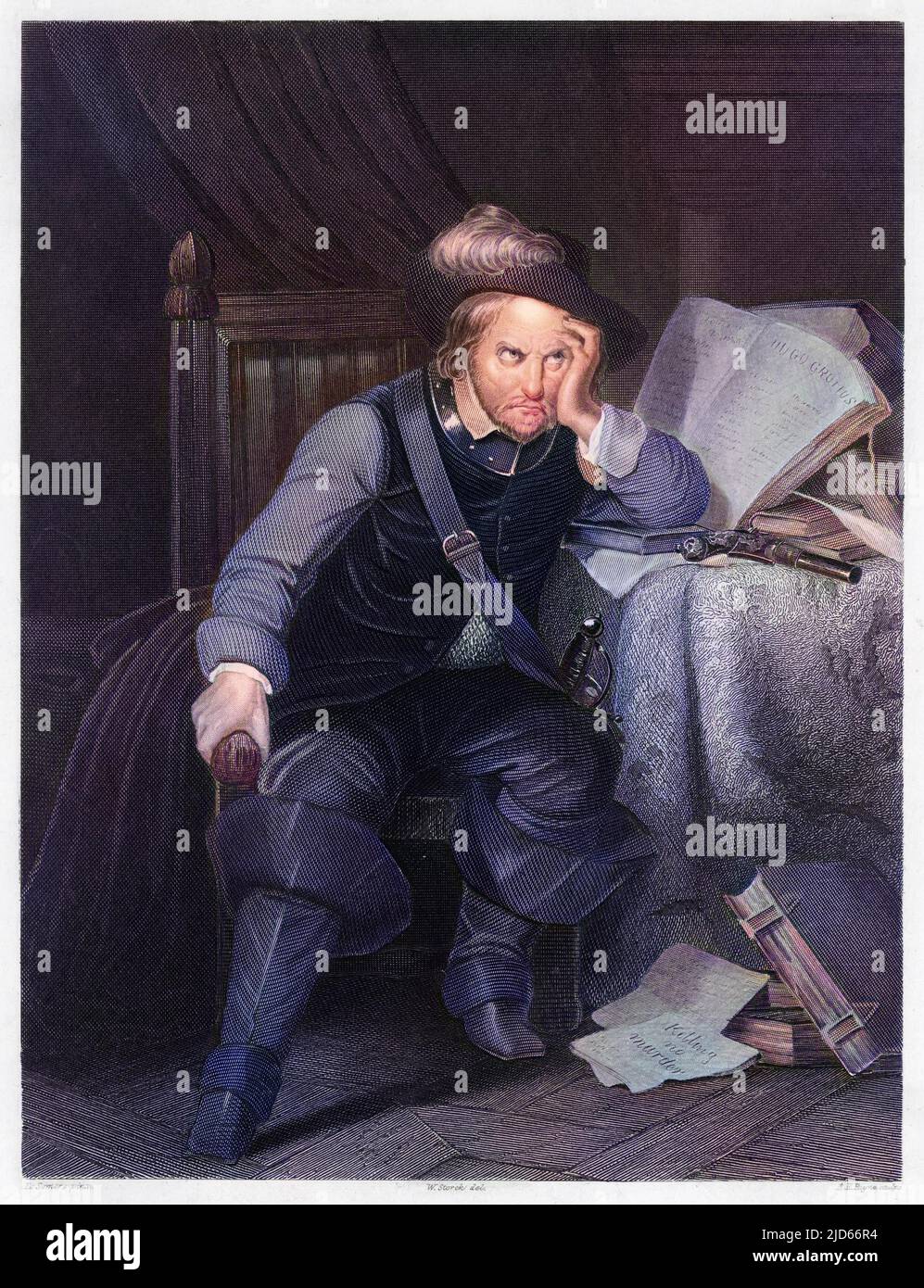 OLIVER CROMWELL (1599 - 1658), soldat et homme d'État anglais, assis à un bureau à l'air très mécontent. Version colorisée de : 10011090 Banque D'Images