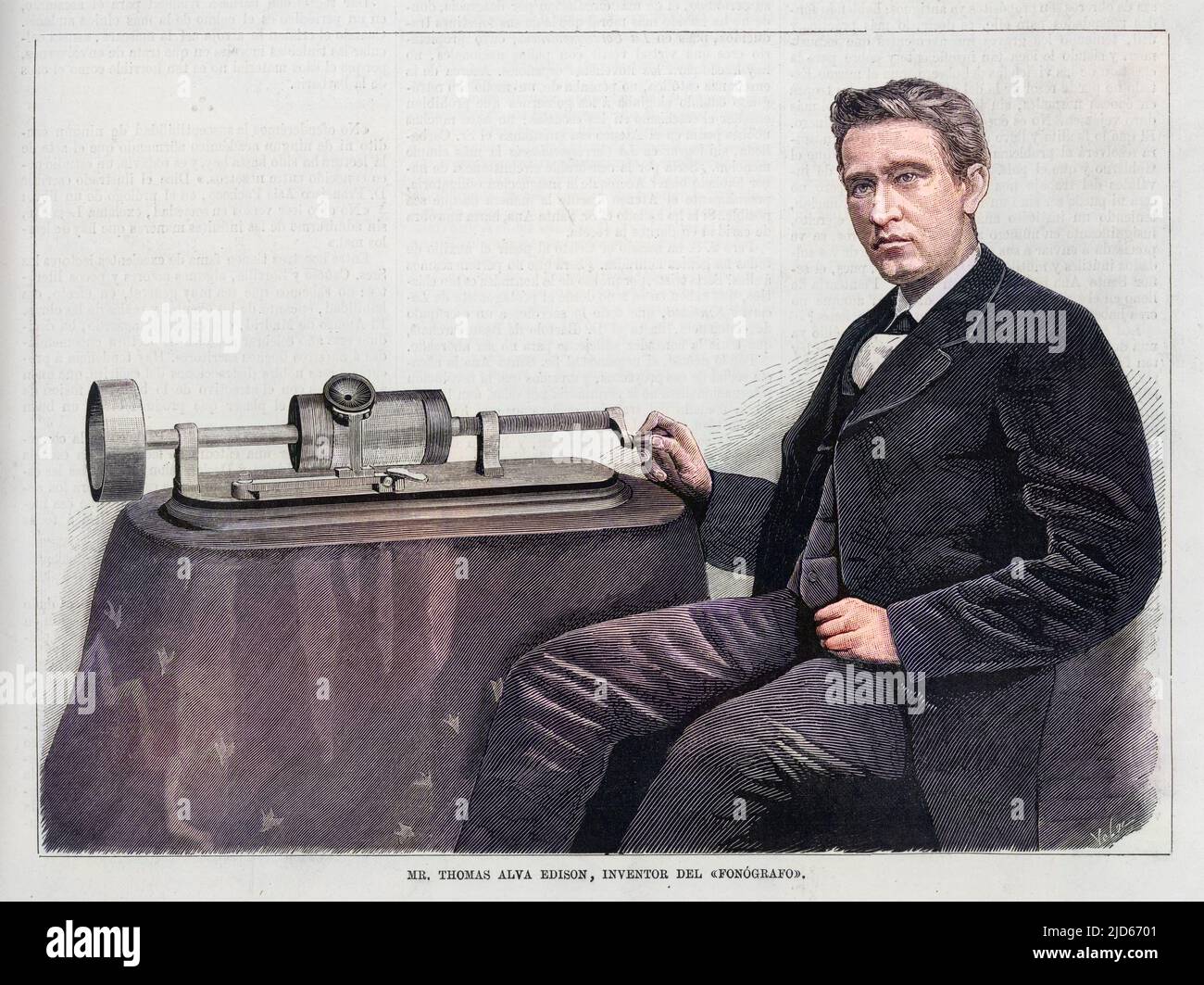 THOMAS ALVA EDISON (1847 - 1931), inventeur américain avec son phonographe. Version colorisée de : 10012463 Date: 1878 Banque D'Images