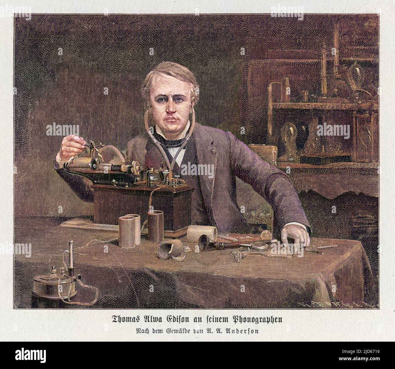 THOMAS ALVA EDISON (1847 - 1931), inventeur américain avec son phonographe. Version colorisée de : 10012472 Banque D'Images