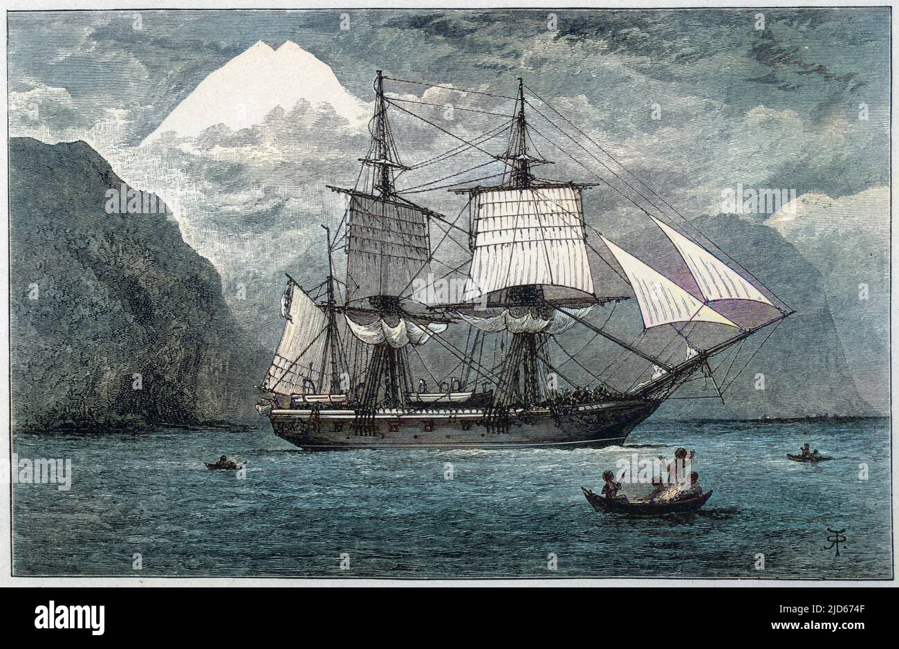 HMS 'Beagle', le navire dans lequel Charles Darwin naviguait, dans le détroit de Magellan version colorisée de : 10013744 Date: 1832 Banque D'Images