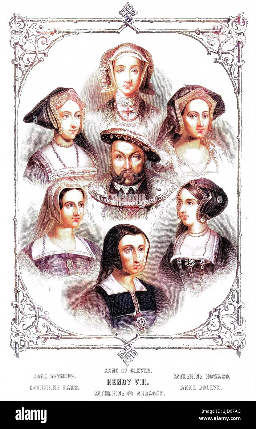 ROI HENRI VIII (1491 - 1547) Portrait du roi d'Angleterre avec toutes ses épouses SEYMOUR/CLEVES/HOWARD/PARR/ARAGON/BOLEYN version colorisée de : 10016078 Banque D'Images