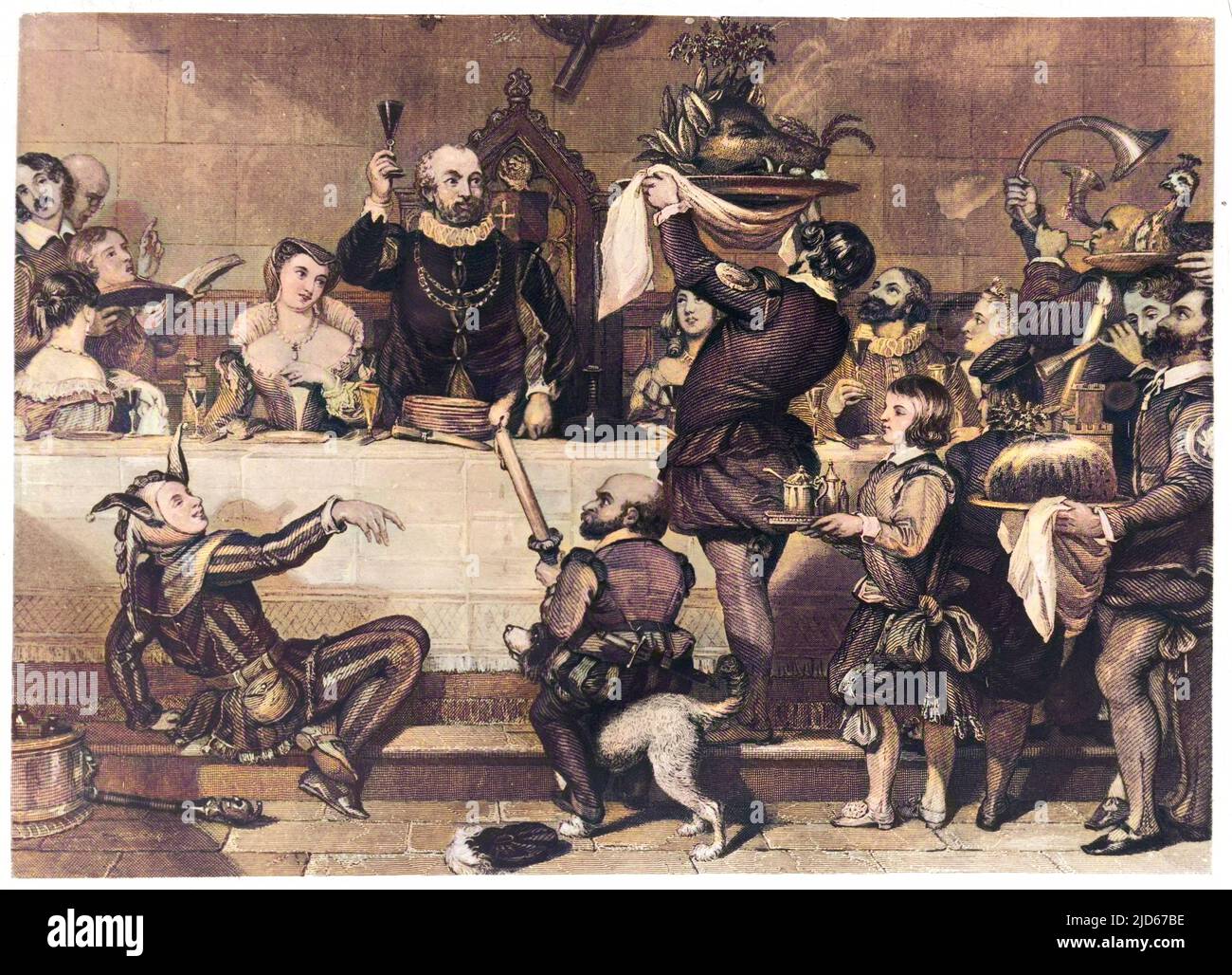 Le maître de la maison salue l'arrivée de la tête de Boar lorsqu'elle est amenée à la table, annoncée avec une corne de chasse version colorisée de : 10017181 Date: 16th siècle Banque D'Images