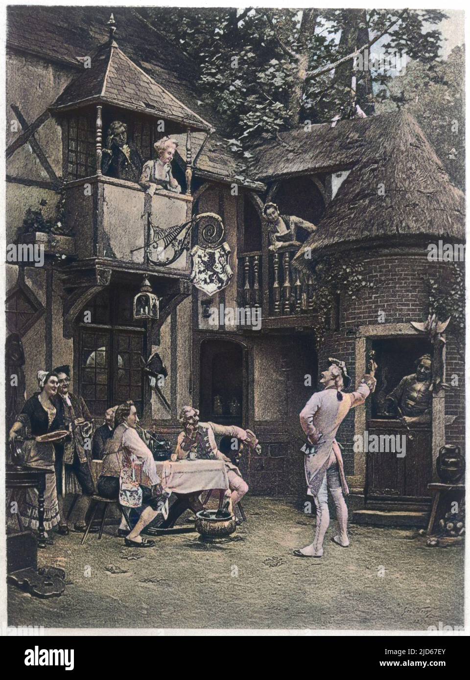Votre santé madame. Une scène de boisson à l'extérieur d'un pub de village anglais. Version colorisée de : 10019350 Date: Vers 1750 Banque D'Images