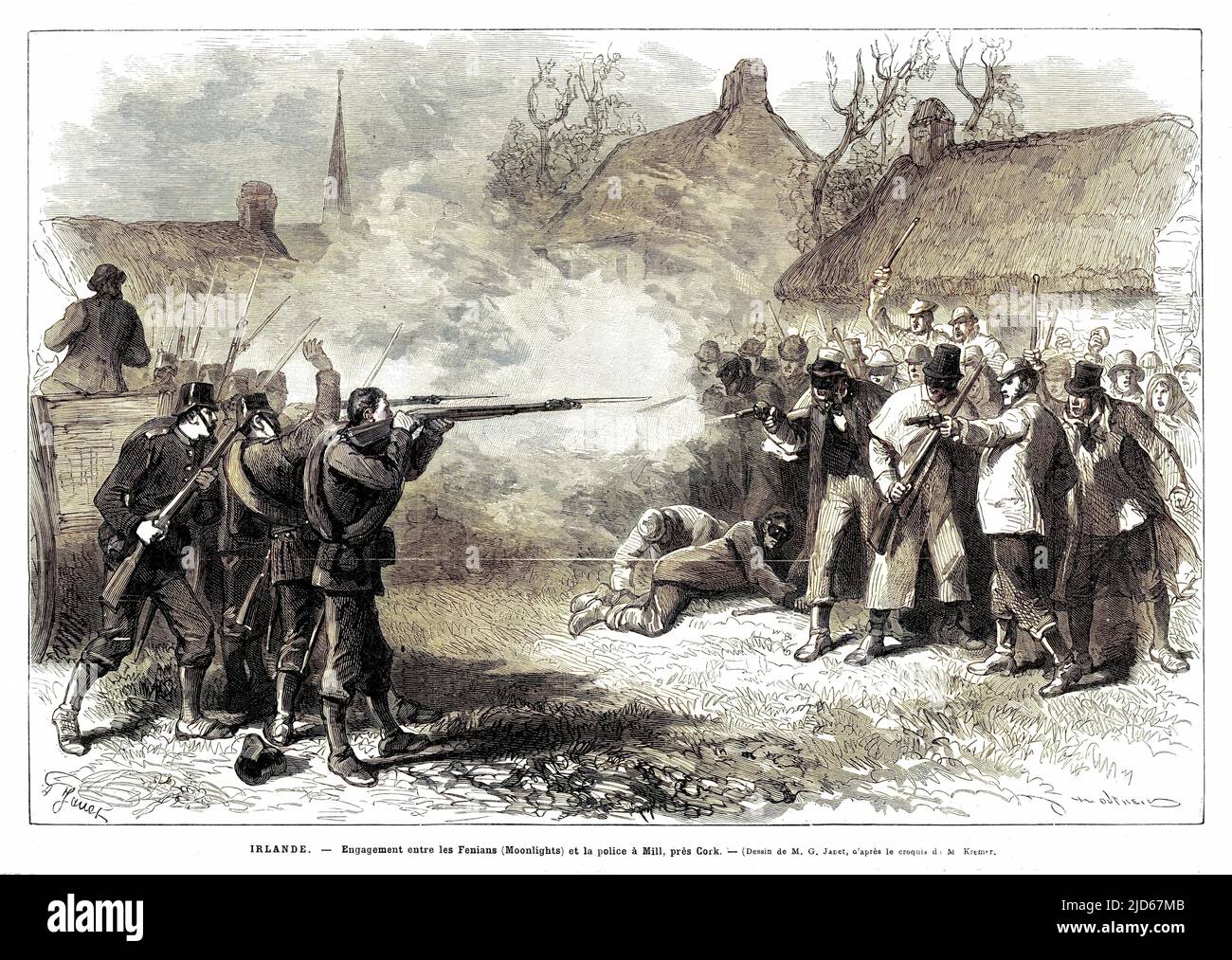 Combat entre les 'Moonbriquets' Fenian et la police, à Mill, près de Cork version colorisée de : 10022651 Date: 1881 Banque D'Images