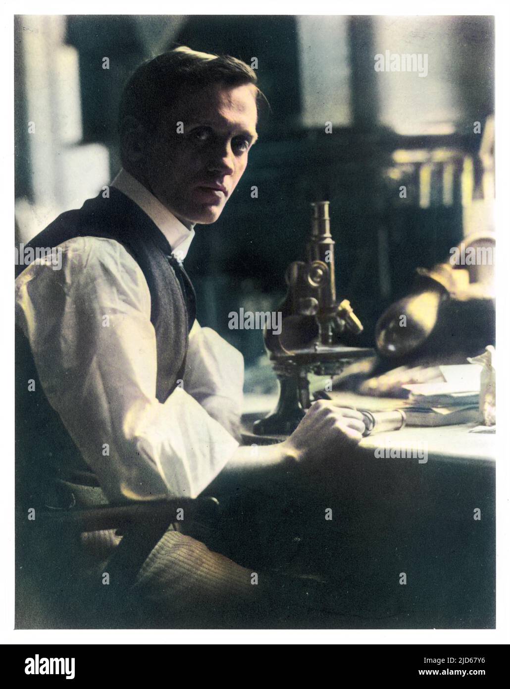 SIR ALEXANDER FLEMING (1881 - 1955), bactériologue écossais à son bureau avec son microscope. Version colorisée de : 10046320 Banque D'Images