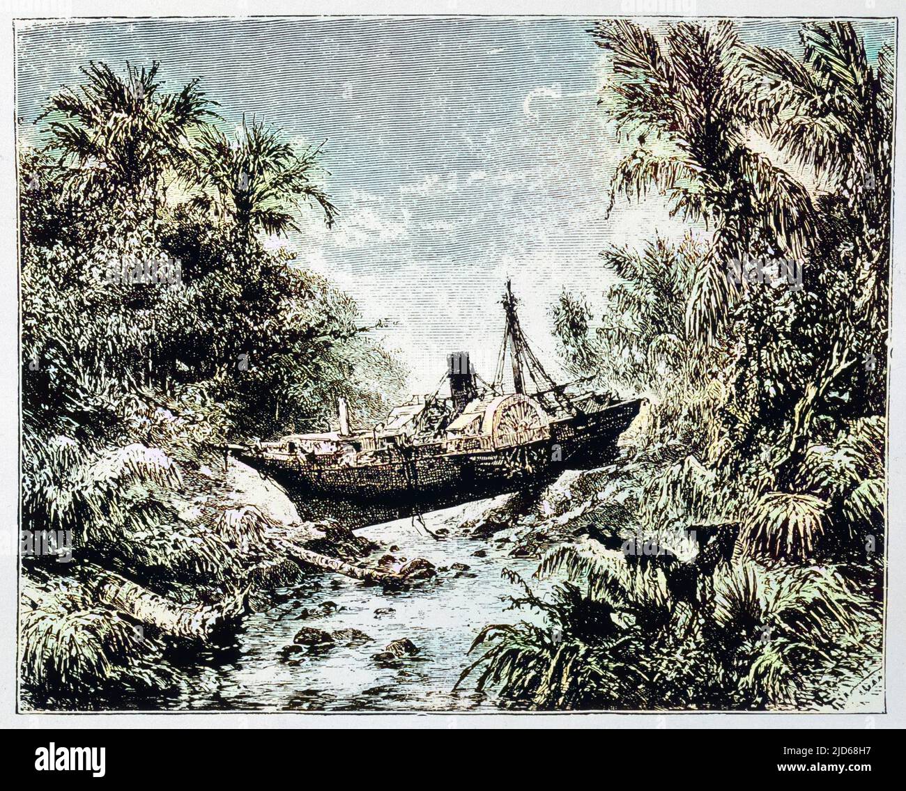 Le bateau à vapeur 'Berouw' est transporté par une vague de marée dans la jungle à Telokh-Betang, Sumatra version colorisée de : 10102580 Date : 26 août 1883 Banque D'Images