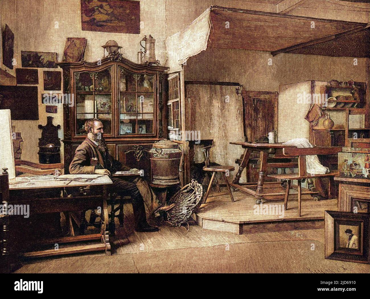 EDMUND HARBURGER artiste allemand dans son studio de Munich version colorisée de : 10160324 Date: 1846 - 1906 Banque D'Images