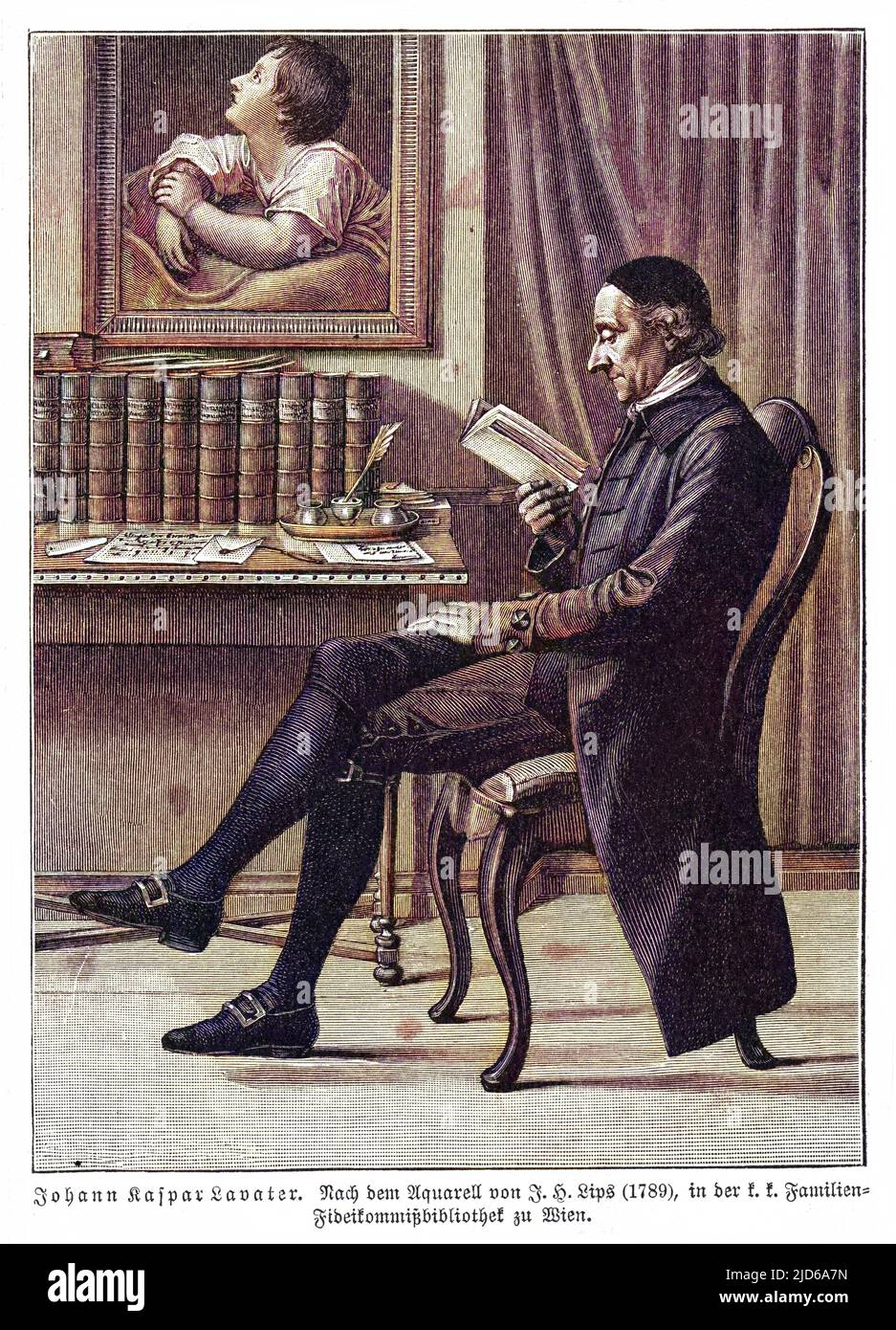 JOHANN KASPAR LAVATER, physiognomiste suisse, a décrit la lecture dans son étude. Version colorisée de : 10162898 Date: 1741 - 1801 Banque D'Images