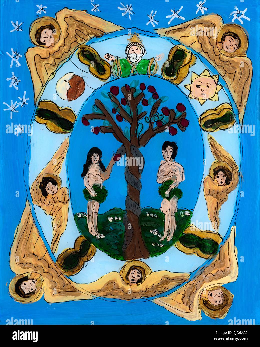 Icône peinte sur le verre inversé dans le style naïf orthodoxe de l'Europe de l'est représentant Adam et Eve. Peinture pour enfants. Banque D'Images