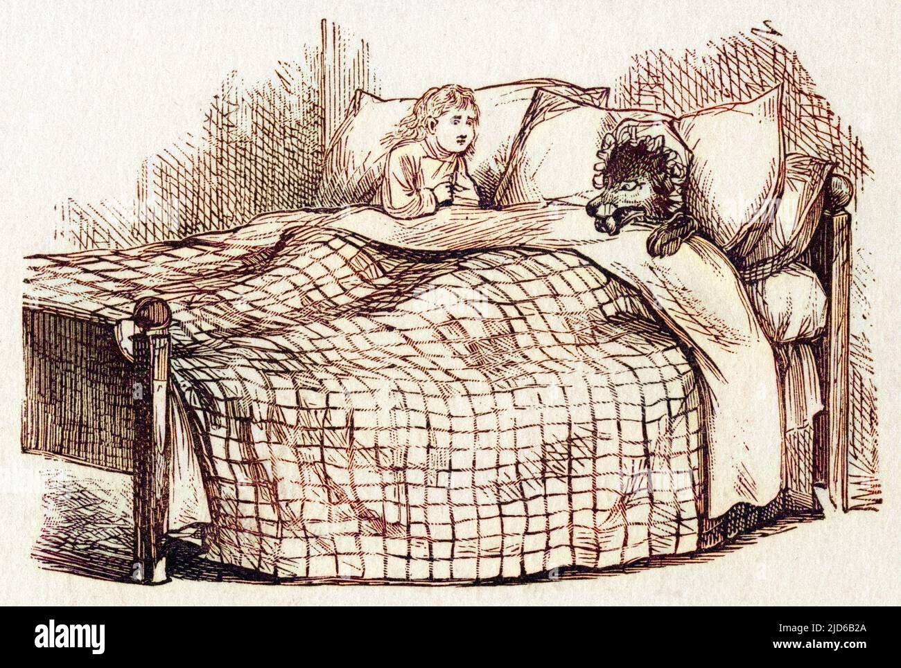 La petite cagoule rouge monte au lit à côté du loup qui est déguisé comme sa grand-mère version colorisée de : 10164522 Banque D'Images