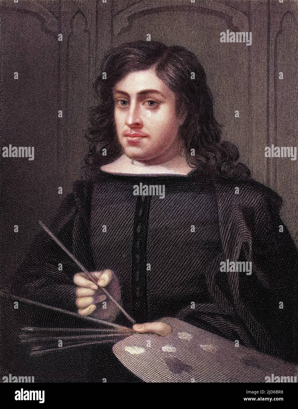 BARTOLOME ESTEBAN MURILLO artiste espagnol tenant le pinceau et la palette. Version colorisée de : 10166878 Date: 1617 - 1688 Banque D'Images