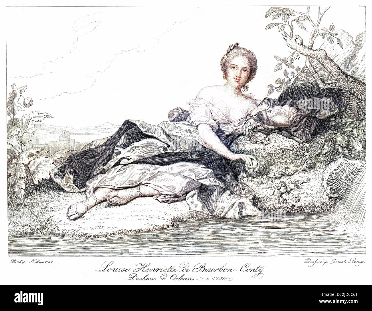 LOUISE HENRIETTE de Bourbon-Conti, duchesse d'ORLÉANS première femme du duc Louis Philippe I, fille du prince de Conti Louis Armand II, située dans un cadre rustique. Version colorisée de : 10171442 Date: 1726 - 1759 Banque D'Images