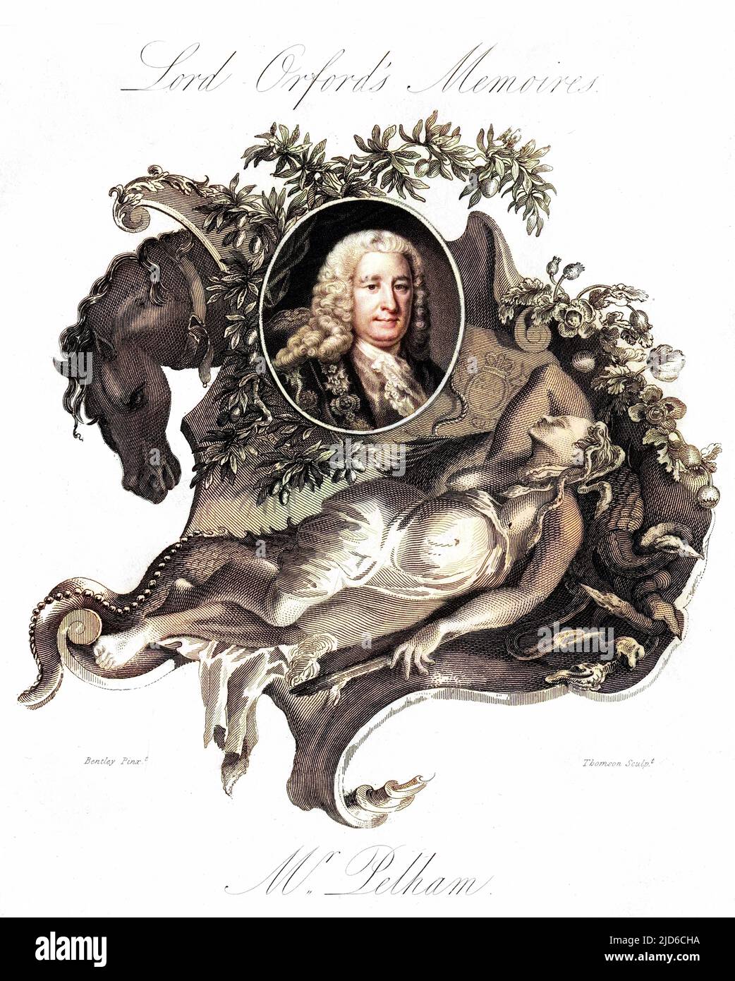 HENRY PELHAM, premier ministre, représenté avec une tête de cheval et un dossier inclinable (décédé ?) figure, peut-être Medusa, dont il est sans doute responsable de la défaite. Version colorisée de : 10172306 Date: 1695 - 1754 Banque D'Images