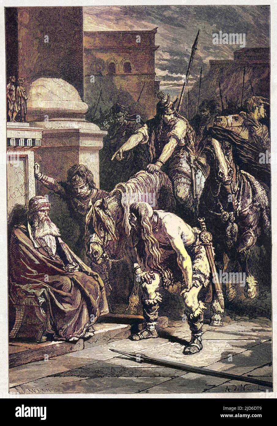 Le sénateur romain Papirio est hanté par une invasion Gaule, et le frappe avec son personnel de cérémonie, pour lequel il est tué. Version colorisée de : 10191960 Date : 390 BCE Banque D'Images